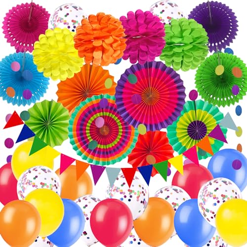ZERODECO Party-Dekoration, mehrfarbige Papierfächer, Pompons, Blumen, Girlanden, Konfetti, Latex-Luftballons, Schnur, gepunktet, dreieckige Wimpelkette für Geburtstag, Cinco De Mayo Fiesta, von ZERODECO