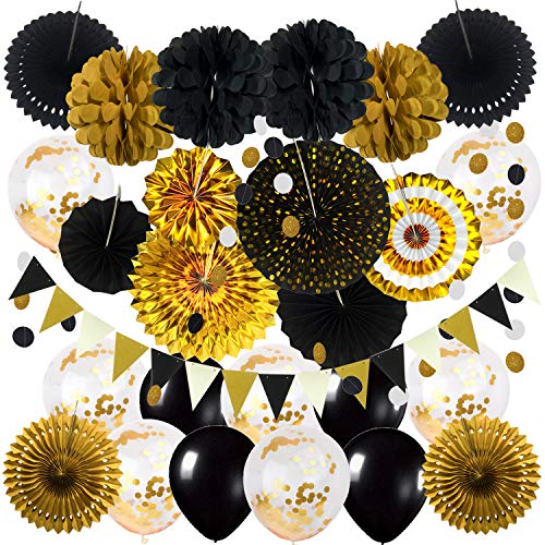 ZERODECO Party Dekoration, Schwarz Gold Konfetti Ballons Papier Pompoms Aufhängen Fächer Dreieckige Wimpel und hängende Girlande Partyzubehör Sets für Congratulations Graduation Geburtstag Party ZERODECO Party Dekoration, Schwarz Gold Konfetti Ballons Papier Pompoms Aufhängen Fächer Dreieckige Wimpel und hängende Girlande Partyzubehör Sets für Congratulations Graduation Geburtstag Party von ZERODECO