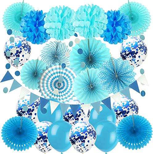 ZERODECO Party Dekoration Papier Pompoms, Aufhängen Fächer Dreieckige Wimpel und hängende Glitter Punkt Papier Girlande Dekorpapier (Blau) von ZERODECO