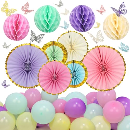 ZERODECO Pastell Party Dekorationen, 3D Schmetterling Wand Dekor Bunte Papier Honigwaben Fans Pompoms Ballons für Kinder Baby Erwachsene Jungen Mädchen Pastell Baby Dusche Geburtstag Dekorationen von ZERODECO