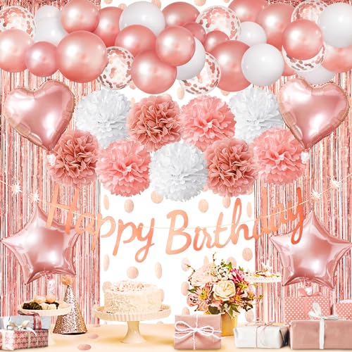 ZERODECO Roségold Geburtstag Party Dekorationen, Happy Birthday Banner Fringe Vorhang Herz Stern Folie Konfetti Ballons für Frauen Mädchen Geburtstag Prinzessin Party von ZERODECO