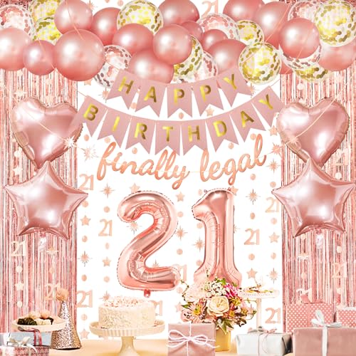 ZERODECO Roségold Geburtstag Party Dekorationen 21st, Finally Legal Happy Birthday Banner Vorhang 21 Girlande Folie Konfetti Ballons für Frauen Mädchen Königin Prinzessin Geburtstag Party von ZERODECO