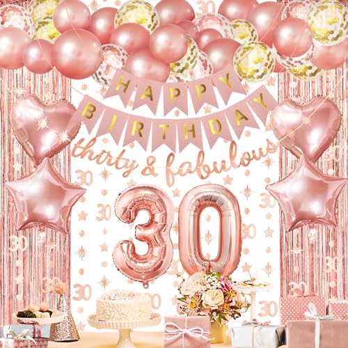 ZERODECO Roségold Geburtstag Party Dekorationen 30th, Thirty & Fabulous Happy Birthday Banner Vorhang 30 Girlande Folie Konfetti Ballons für Frauen Mädchen Königin Prinzessin Geburtstag Party von ZERODECO