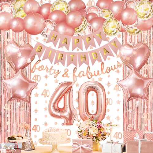 ZERODECO Roségold Geburtstag Party Dekorationen 40th, Forty & Fabulous Happy Birthday Banner Vorhang 40 Girlande Folie Konfetti Ballons für Frauen Mädchen Königin Prinzessin Geburtstag Party von ZERODECO