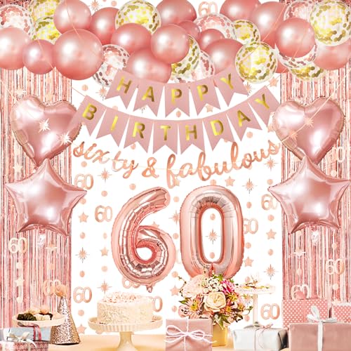 ZERODECO Roségold Geburtstag Party Dekorationen 60th, Sixty & Fabulous Happy Birthday Banner Vorhang 60 Girlande Folie Konfetti Ballons für Frauen Mädchen Königin Prinzessin Geburtstag Party von ZERODECO