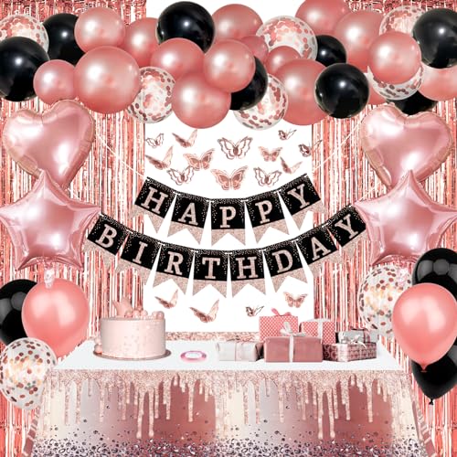 ZERODECO Roségold Schwarz Geburtstag Party Dekorationen, Geschirr Happy Birthday Banner Fringe Vorhang Folie Konfetti Ballons Schmetterling Aufkleber für Frauen Mädchen Geburtstag Prinzessin Party von ZERODECO