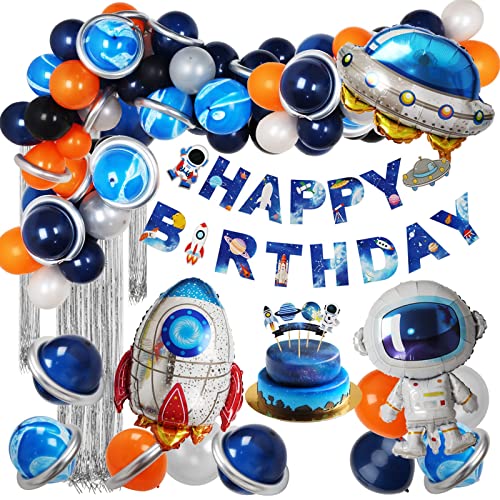 ZERODECO Weltraum Deko-Set zum Geburtstag, Space Kindergeburtstag Partydeko Happy Birthday Banner UFO Astronaut Rakete Folienballon Luftballons Tortendeko für Kinder Junge Mädchen Geburtstagsparty von ZERODECO