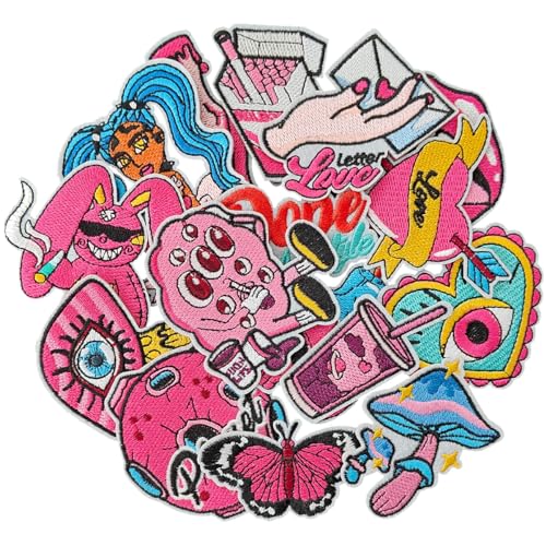 ZESION 16Pcs Iron On/sew On Children's Cartoon Embroidered Patches for Clothes, Hats, Jeans, Pants, Jackets, Shoes, Backpack Repair and Decoration/Pink von ZESION