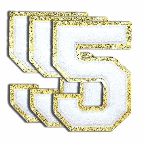 ZESION 3 weiße Chenille-Zahlen, große Größe, 11,4 cm, zum Aufbügeln, Chenille-Stich, Varsity-Zahlenaufnäher für Kleidung, goldener Rand 5 ZESION 3 weiße Chenille-Zahlen, große Größe, 11,4 cm, zum Aufbügeln, Chenille-Stich, Varsity-Zahlenaufnäher für Kleidung, goldener Rand 5 von ZESION