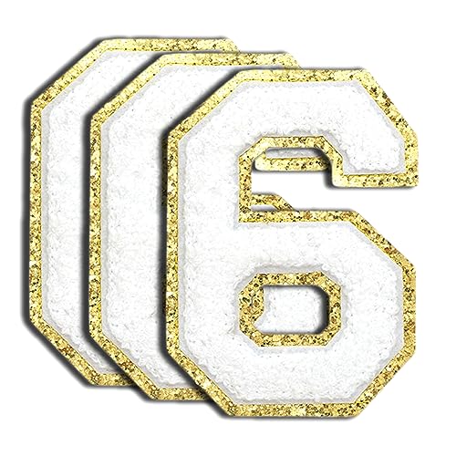 ZESION 3 weiße Chenille-Zahlen, große Größe, 11,4 cm, zum Aufbügeln, Chenille-Stich, Varsity-Zahlenaufnäher für Kleidung, goldener Rand 6 von ZESION