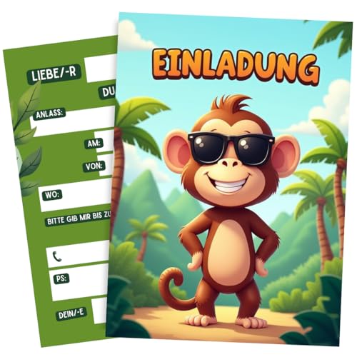ZETTMANN® 10 Einladungskarten Affe Dschungel als Einladung Einschulung - Kinder Geburtstag Mädchen Einladungskarten Kindergeburtstag Jungen (Lustiger Affe) von ZETTMANN