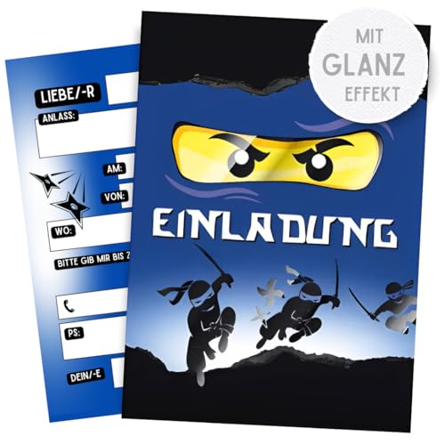 ZETTMANN® 10 Premium Einladungskarten Kindergeburtstag Junge - Karten Set mit Ninja Motiv - Einladungen Geburtstag - hochwertige Geburtstagseinladungen (Blauer Ninja) von ZETTMANN