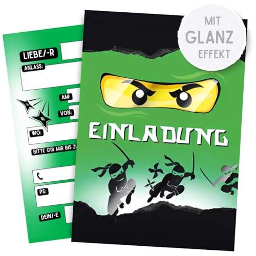 ZETTMANN® 10 Premium Einladungskarten Kindergeburtstag Junge - Karten Set mit Ninja Motiv - Einladungen Geburtstag - hochwertige Geburtstagseinladungen (Grüner Ninja) von ZETTMANN