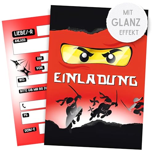 ZETTMANN® 10 Premium Einladungskarten Kindergeburtstag Junge - Karten Set mit Ninja Motiv - Einladungen Geburtstag - hochwertige Geburtstagseinladungen (Roter Ninja) von ZETTMANN