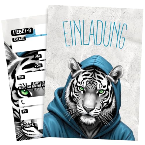 ZETTMANN® 10er Einladungskarten Kindergeburtstag Mädchen Junge - Einladung zum Geburtstag - Einladungskarten Geburtstag - Geburtstagseinladungen für Kinder (Weißer Tiger) von ZETTMANN