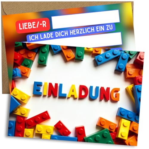 ZETTMANN® 10er Set Einladungskarten Kindergeburtstag Bausteine – Premium Geburtstagseinladungen Jungen – Einladungskarten DIN A6 (mit Umschläge) von ZETTMANN