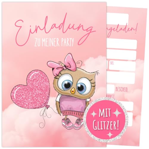 ZETTMANN® 10er Set Einladungskarten Kindergeburtstag Mädchen & Jungen - DIN A6 Format mit Spezial-Glitzer-Effekt - Premium Einladungen mit Eule Motiv - klimaneutral & BPA frei für Kinder von ZETTMANN