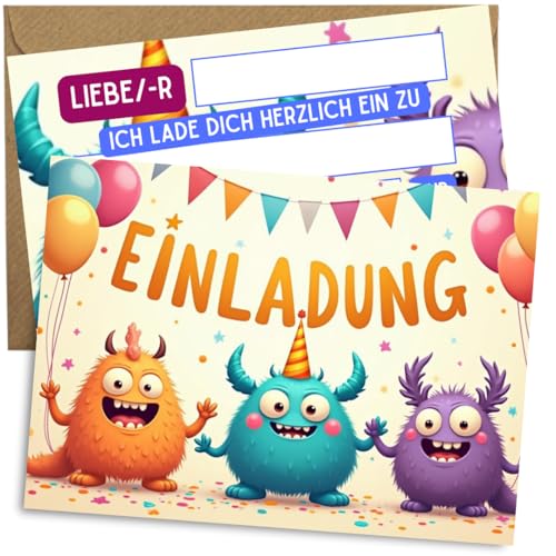 ZETTMANN® 10er Set Einladungskarten Kindergeburtstag Monster – Premium Geburtstagseinladungen für Jungen & Mädchen in DIN A6 (mit Umschläge) von ZETTMANN