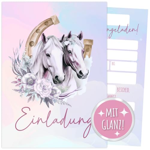 ZETTMANN® 10er Set Pferde Einladungskarten Kindergeburtstag Mädchen & Jungen - DIN A6 Format mit Spezial-Glanz-Effekt - Premium Einladungen Pferde - klimaneutral & BPA frei für Kinder von ZETTMANN