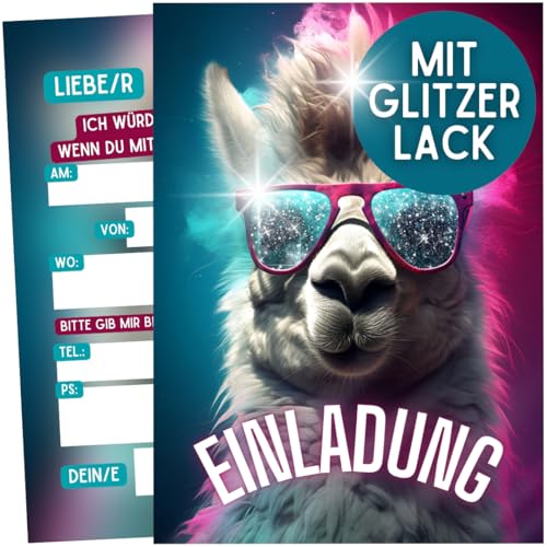ZETTMANN® 12 Glitzer Lama Einladungskarten Kindergeburtstag Mädchen - Lustig lässige Alpaka Geburtstag Einladungen mit Glitzerlack - Einladungskarten Teenager Mädchen von ZETTMANN