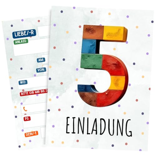 ZETTMANN® Einladungskarten Kindergeburtstag 10er Set – Baustein Design – Alter wählbar 5 6 7 8 9 Jahre – für Jungen & Mädchen – Premium Papier – Geburtstagseinladungen (5 Jahre) von ZETTMANN