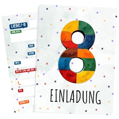 ZETTMANN® Einladungskarten Kindergeburtstag 10er Set – Baustein Design – Alter wählbar 5 6 7 8 9 Jahre – für Jungen & Mädchen – Premium Papier – Geburtstagseinladungen (8 Jahre) von ZETTMANN