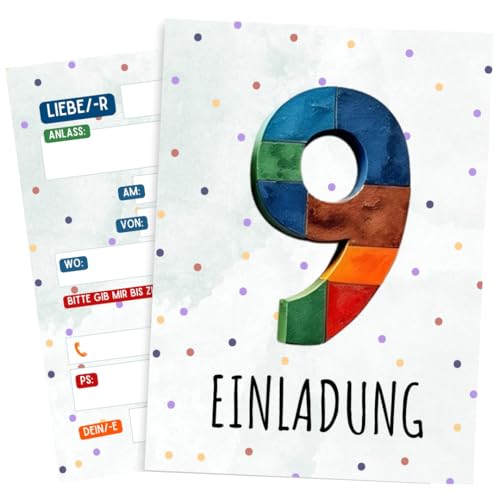 ZETTMANN® Einladungskarten Kindergeburtstag 10er Set – Baustein Design – Alter wählbar 5 6 7 8 9 Jahre – für Jungen & Mädchen – Premium Papier – Geburtstagseinladungen (9 Jahre) von ZETTMANN