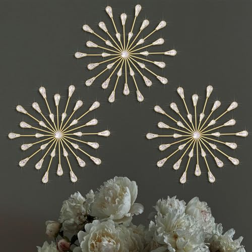 Metall-Wanddeko mit Schmucksteinen, Bling-Kristall-Heimdeko, Strass Sonnen- und Stern-Wandhänger mit Diamantakzenten 34,3 x 34,3 cm, Vergoldet, 3er-Set von ZEXUIRU