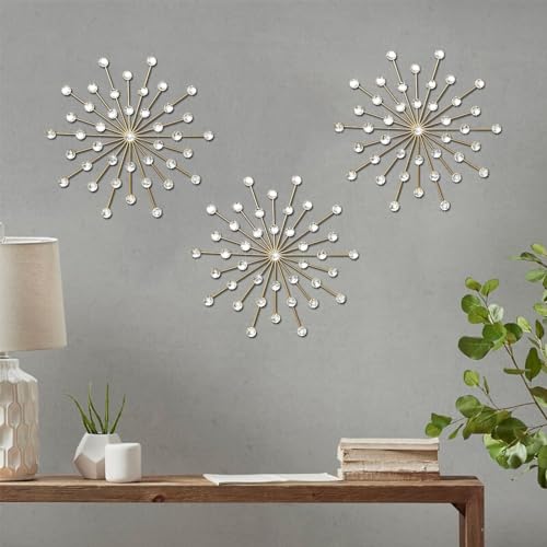 ZEXUIRU Metall-Wanddeko mit Schmucksteinen, Bling-Kristall-Heimdeko, Stern-Sonne-Strass-Wandhänger mit Diamantakzenten, Vergoldet, 3er-Set von ZEXUIRU
