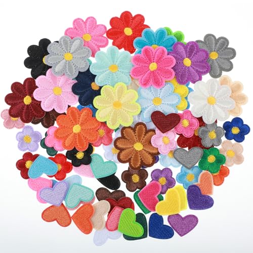 Patches zum Aufnähen 81 Stück Bügelbilder für Textilien Blume Herzen Gänseblümchen Flicken zum Aufbügeln, Patches zum Aufbügeln, Aufnäher zum Aufbügeln, Bestickte Aufnäher Kleidung Jeans Deko von ZEYIYER