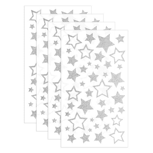 ZEYIYER Sterne Sticker 4 Blatt Glitter Silber Star Stickers, Selbstklebende Stern Aufkleber, Sticker Aufkleber Sterne für Lehrer, Studenten Scrapbooking DIY-Grußkarten von ZEYIYER