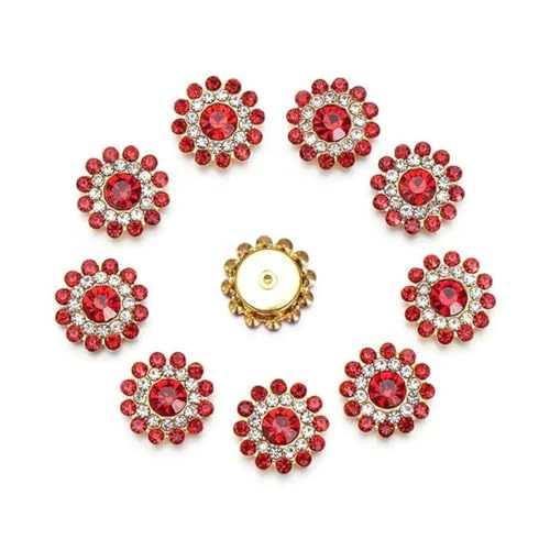 10 Stück funkelnde blumenförmige Strassknöpfe, Kristallglas, Stein, Nähknöpfe, Stahlboden, Kleidung, Dekoration, Zubehör, Rot von ZEYRU