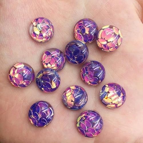 40 Stück Harz-Pferdeauge-Glitzer-Paillette-gefüllte 12-mm-runde Cabochon-Strass-Knöpfe mit flacher Rückseite G24-Lila von ZEYRU