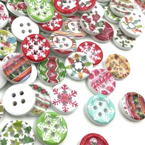 50 Stück 15 mm sortierte Weihnachts-Holzknöpfe, Bastelkarten, Verzierungen, WB424-Standard von ZEYRU