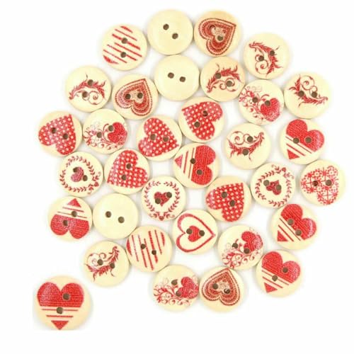 50 Stück 15 x 12 mm rote Herzknöpfe für Kinder, 2 Löcher, dekorative Holzknöpfe für Kleidung, Nähzubehör, Scrapbooking, Basteln, DIY-7 von ZEYRU