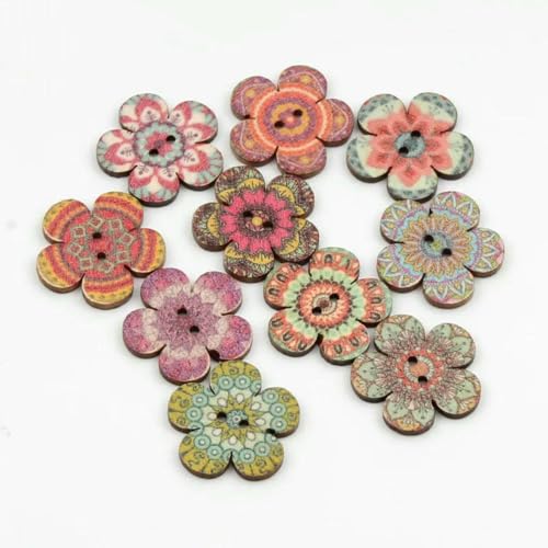 50 Stück 20/25 mm Retro-Serie Blumen-Holzknöpfe für Kleidung DIY Nähen Scrapbooking Dekor Basteln Handarbeiten Zubehör-B03822-20 mm von ZEYRU
