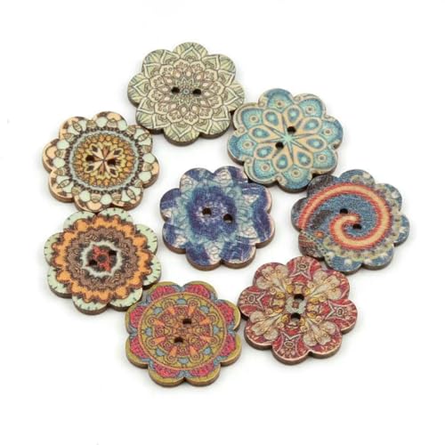 50 Stück 20/25 mm Retro-Serie Blumen-Holzknöpfe für Kleidung DIY Nähen Scrapbooking Dekor Basteln Handarbeiten Zubehör-B03824-25 mm von ZEYRU