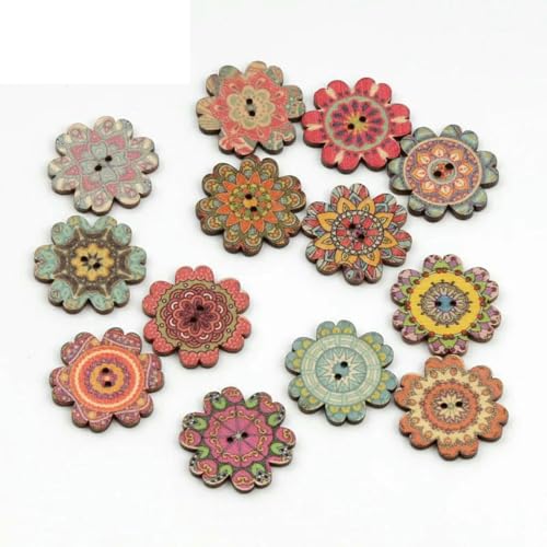 50 Stück 20/25 mm Retro-Serie Blumen-Holzknöpfe für Kleidung DIY Nähen Scrapbooking Dekor Basteln Handarbeiten Zubehör-B03826-20 mm von ZEYRU