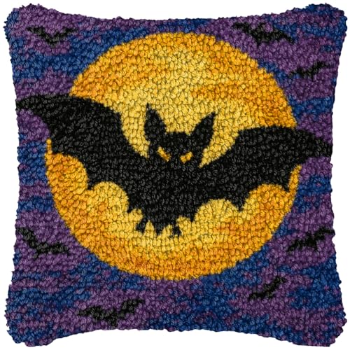 ZFFLYH Halloween Latch Hook Kits Für Erwachsene Kinder DIY Kissenbezug Muster Gedruckter Kissenbezug Handarbeit Kissenbezug Für Home Sofa Dekoration 17X17inch,Bat a von ZFFLYH