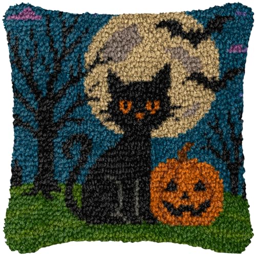 ZFFLYH Halloween Latch Hook Kits Für Erwachsene Kinder DIY Kissenbezug Muster Gedruckter Kissenbezug Handarbeit Kissenbezug Für Home Sofa Dekoration 17X17inch,Black cat Pumpkin von ZFFLYH