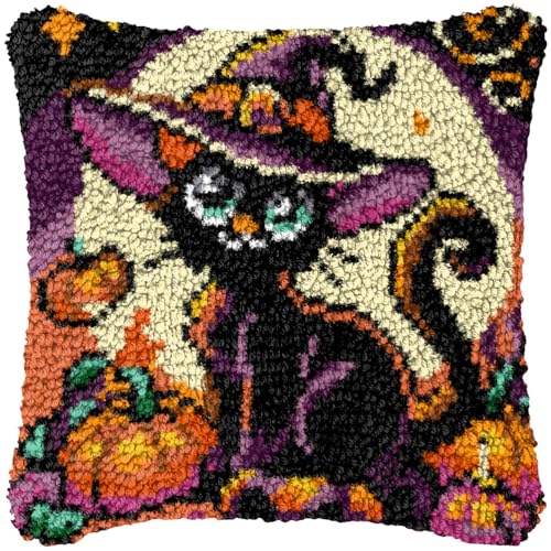 ZFFLYH Halloween Latch Hook Kits Für Erwachsene Kinder DIY Kissenbezug Muster Gedruckter Kissenbezug Handarbeit Kissenbezug Für Home Sofa Dekoration 17X17inch,Black cat von ZFFLYH