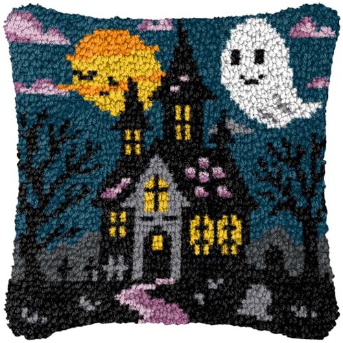 ZFFLYH Halloween Latch Hook Kits Für Erwachsene Kinder DIY Kissenbezug Muster Gedruckter Kissenbezug Handarbeit Kissenbezug Für Home Sofa Dekoration 17X17inch,Castle Ghost von ZFFLYH