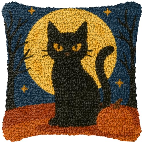 ZFFLYH Halloween Latch Hook Kits Für Erwachsene Kinder DIY Kissenbezug Muster Gedruckter Kissenbezug Handarbeit Kissenbezug Für Home Sofa Dekoration 17X17inch,Cat von ZFFLYH