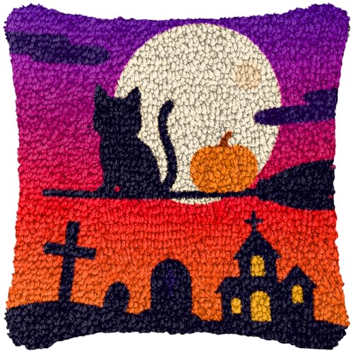 ZFFLYH Halloween Latch Hook Kits Für Erwachsene Kinder DIY Kissenbezug Muster Gedruckter Kissenbezug Handarbeit Kissenbezug Für Home Sofa Dekoration 17X17inch,Moon cat von ZFFLYH
