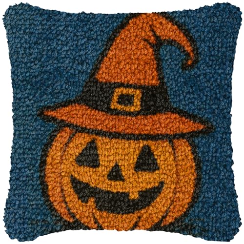 ZFFLYH Halloween Latch Hook Kits Für Erwachsene Kinder DIY Kissenbezug Muster Gedruckter Kissenbezug Handarbeit Kissenbezug Für Home Sofa Dekoration 17X17inch,Pumpkin Head von ZFFLYH