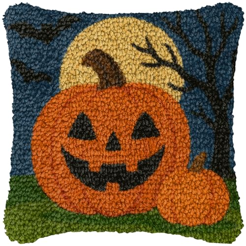 ZFFLYH Halloween Latch Hook Kits Für Erwachsene Kinder DIY Kissenbezug Muster Gedruckter Kissenbezug Handarbeit Kissenbezug Für Home Sofa Dekoration 17X17inch,Pumpkin von ZFFLYH