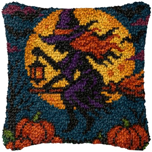 ZFFLYH Halloween Latch Hook Kits Für Erwachsene Kinder DIY Kissenbezug Muster Gedruckter Kissenbezug Handarbeit Kissenbezug Für Home Sofa Dekoration 17X17inch,Witch von ZFFLYH