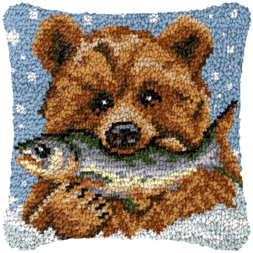 ZFFLYH Latch Hook Kits DIY Kissenbezug Für Erwachsene Kinder Anfänger DIY Häkeln Kissen Kit Vorgedruckte Kissenbezug Stickerei Für Home Sofa Dekoration 17X17inch,Bear Fish von ZFFLYH