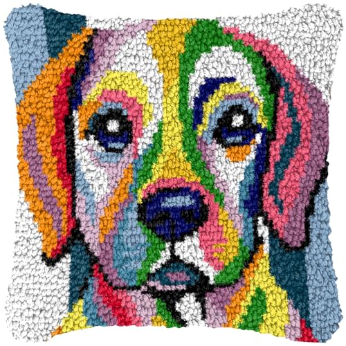 ZFFLYH Latch Hook Kits DIY Kissenbezug Für Erwachsene Kinder Anfänger DIY Häkeln Kissen Kit Vorgedruckte Kissenbezug Stickerei Für Home Sofa Dekoration 17X17inch,Colorful Dog von ZFFLYH