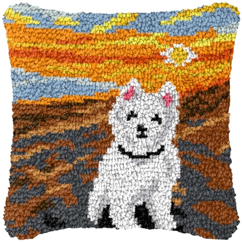 ZFFLYH Latch Hook Kits DIY Kissenbezug Für Erwachsene Kinder Anfänger DIY Häkeln Kissen Kit Vorgedruckte Kissenbezug Stickerei Für Home Sofa Dekoration 17X17inch,Dog c von ZFFLYH